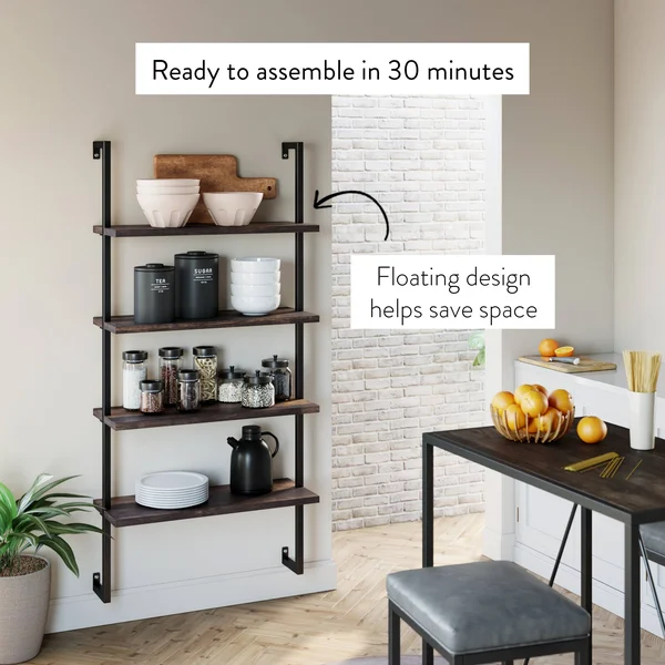 Nathan James Theo 4-Shelf Bookcase, Floating Wall Mount Shelves with Natural Wood and Industrial Pipe Metal Frame, Nutmeg/Black