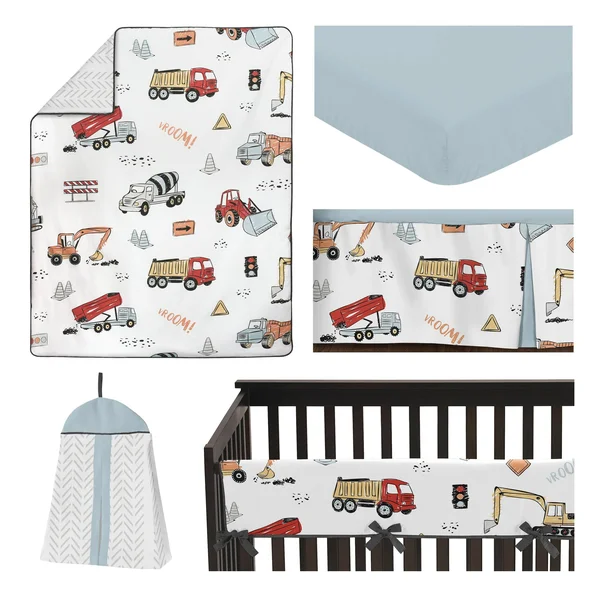Sweet Jojo Designs Construction Truck Baby Boy Nursery Crib Bedding Set - 5 Pieces - Grey Yellow Orange Red and Blue Transportat