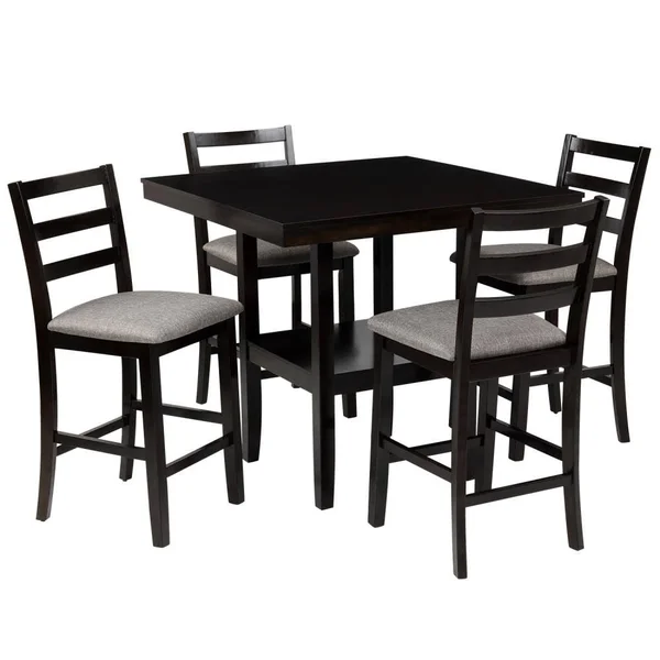 CASAINC 5-Piece Wooden Counter Height Dining Set, Square Dining Table with 2-Tier Storage Shelving and 4 Chairs(Espresso) Rubber