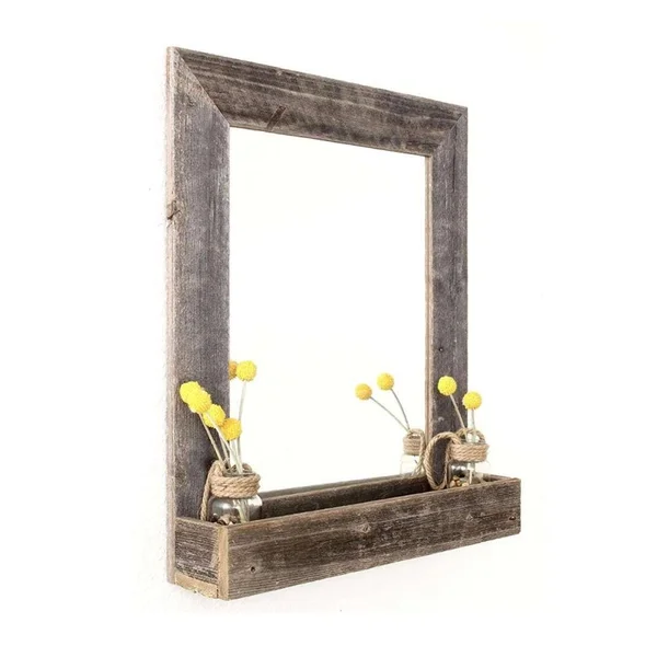 HomeRoots Rustic Weathered Gray Reclaimed Wood Plank Mirror with Shelf in Brown - 4000380345