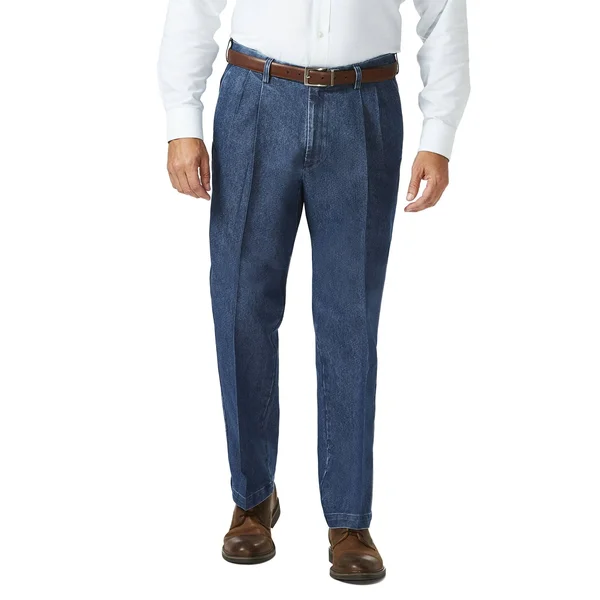 Haggar Men's Big & Tall Stretch Denim Classic-Fit Pleated Pants - Blue