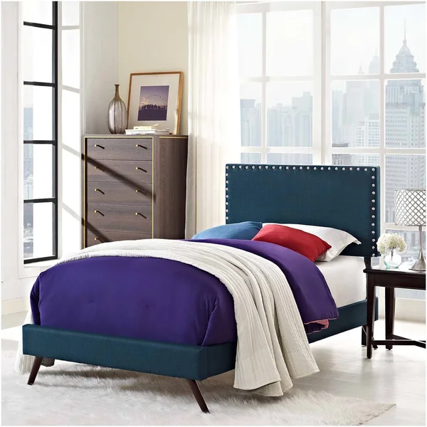 Modway Macie Twin Fabric Platform Bed with Round Splayed Legs - Azure