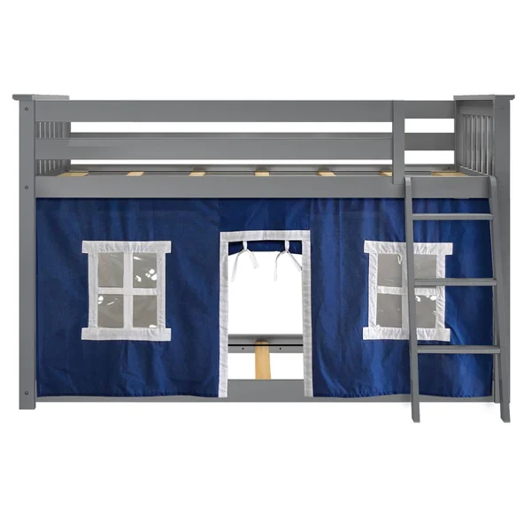 Max & Lily Twin Over Twin Low Bunk with Blue Curtains - Grey