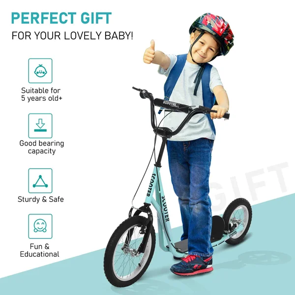 Aosom Teens Youth Scooter Ride on Toy with Adjustable Handlebar, Dual Brakes, and Inflatable Wheels for Kids 5+ - Blue