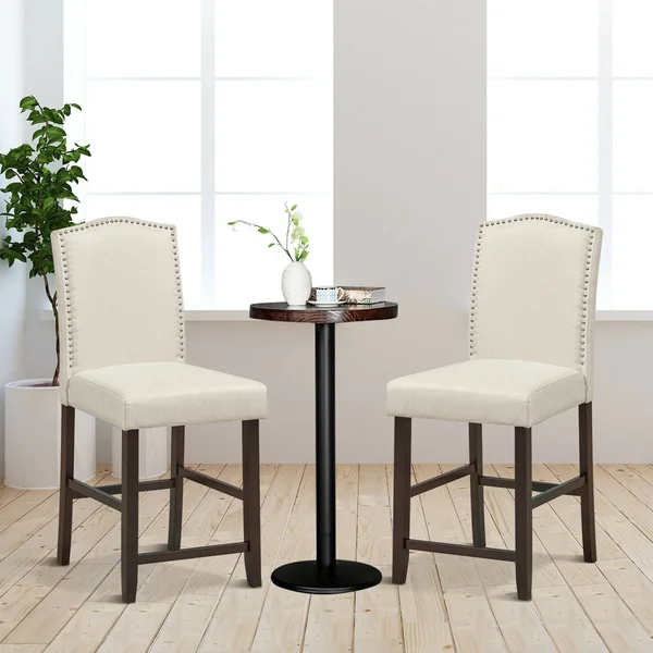 Gymax Set of 2 Fabric Barstools Nail Head Trim Counter Height Dining Side Chairs
