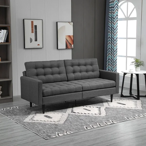 HOMCOM Linen Fabric Convertible Sofa Bed with Button Tufted Back Design - Adjustable Angles and Wood Legs, Grey