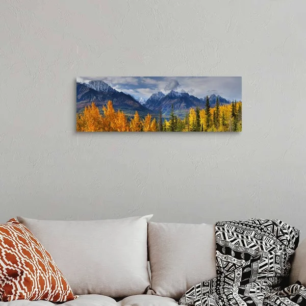 Panoramic View of The Fall Foliage and Snowcapped Chugach Mountains, Alaska, Canvas Wall Art, 36x12, Great Big Canvas