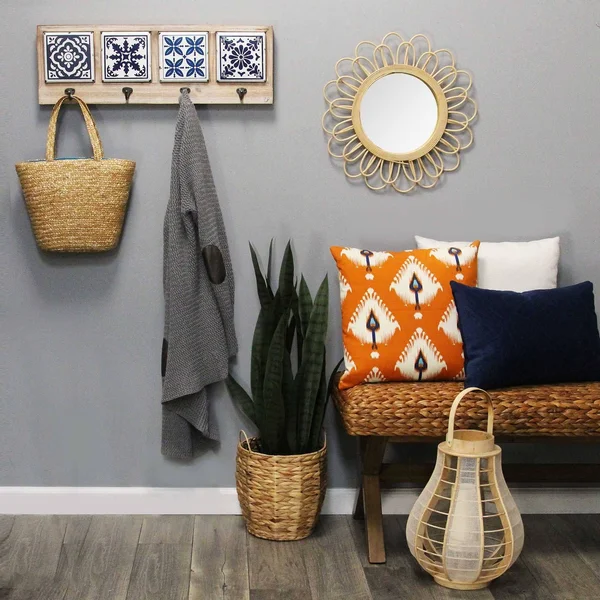 Blue and White Tile Wall Hanging with Metal Hooks - Multi