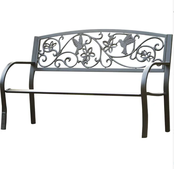 Cast Aluminum Outdoor Garden Bench with Hummingbird Design, Black