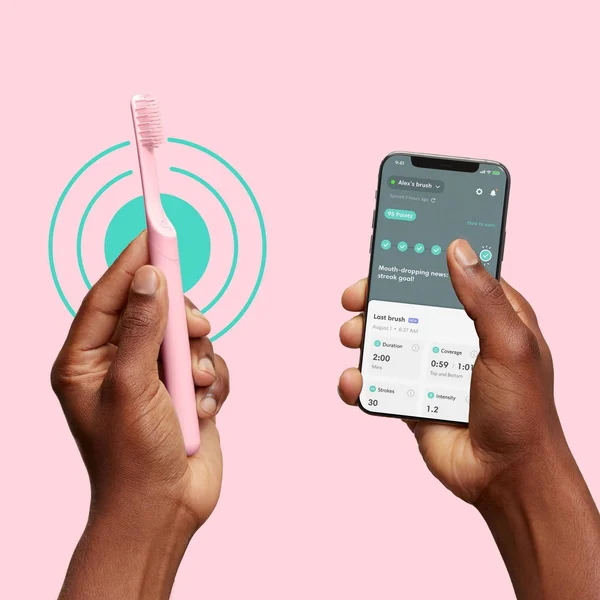 Quip Plastic Smart Electric Toothbrush Starter Kit - 2-Minute Timer, Bluetooth, Free App + Travel Case - All-White - 4ct