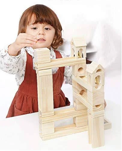 Onshine Wooden Marbles Run Block Toy Solid Wood Building Blocks Set Early Learning Construction Game for Kids (80pc Set)