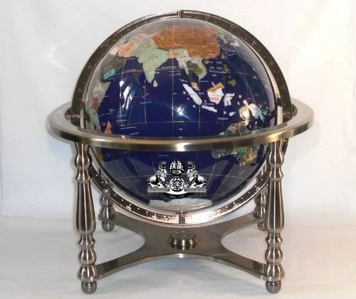 Unique Art 21-Inch Tall Blue Lapis Ocean Table Top Gemstone World Globe with 4 Leg Silver Stand