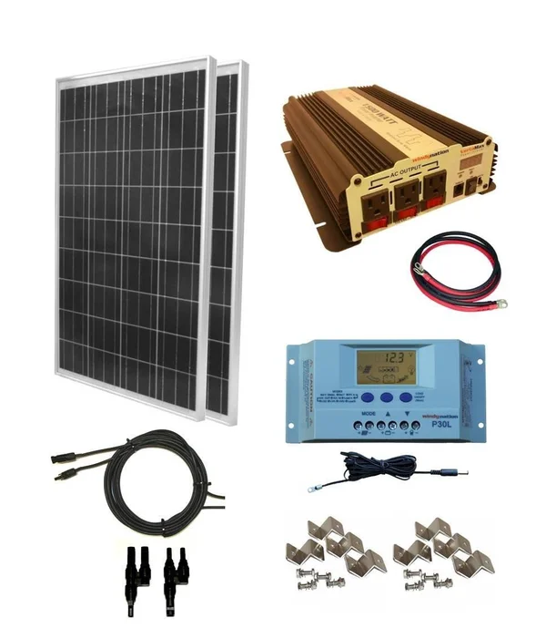 WindyNation 200 Watt (2pcs 100 watt) Solar Panel Kit with 1500W VertaMax Power Inverter for RV, Boat