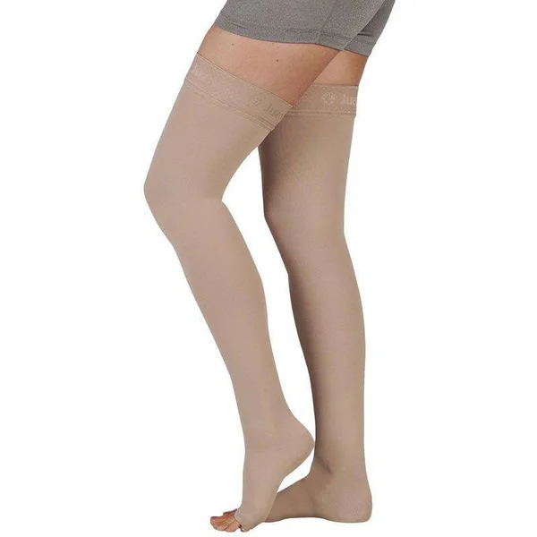 Juzo Soft 15-20 mmHg Open Toe Thigh High w/ Silicone Top Band, V, Short, Beige