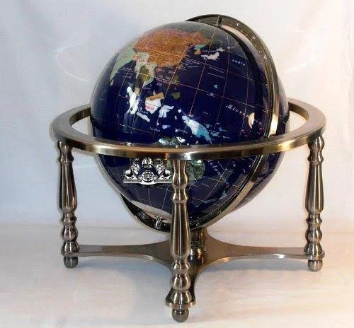 Unique Art 21-Inch Tall Blue Lapis Ocean Table Top Gemstone World Globe with 4 Leg Silver Stand