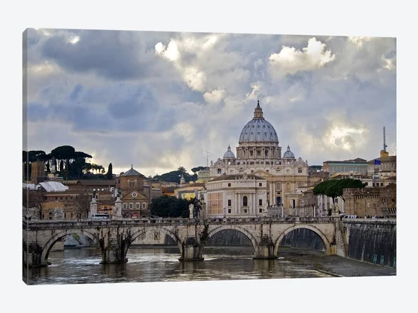 Panoramic Images Large Canvas Art Prints - Arch Bridge Across Tiber River with St. Peter's Basilica in The Background - Rome, Laz