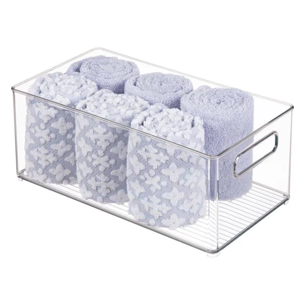 mDesign Plastic Bathroom Storage Bin Tote with Handles - 4 Pack - Clear