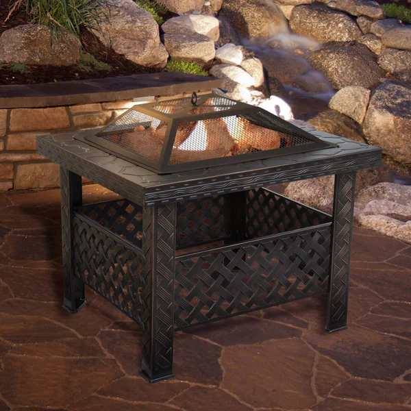 Pure Garden 26x22 Square Woven Metal Fire Pit with Cover - Bronze