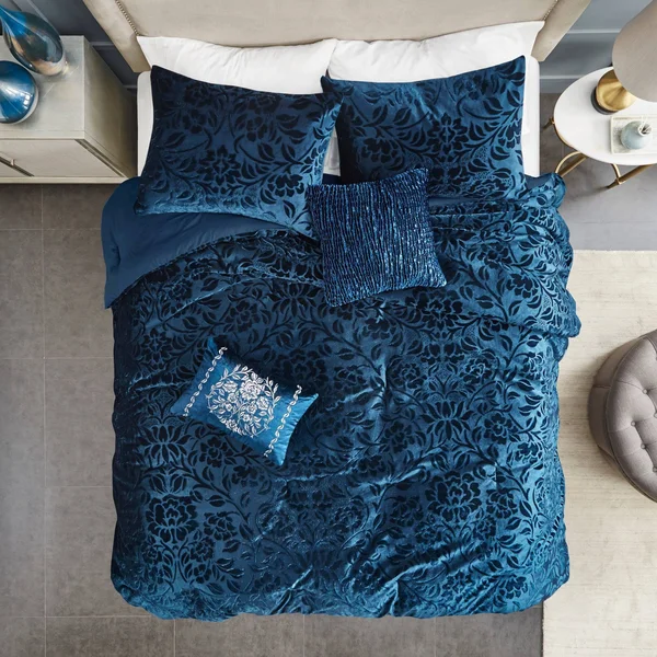 Home Essence Edith 5 Piece Faux Velvet Comforter Set, Size: King, Blue