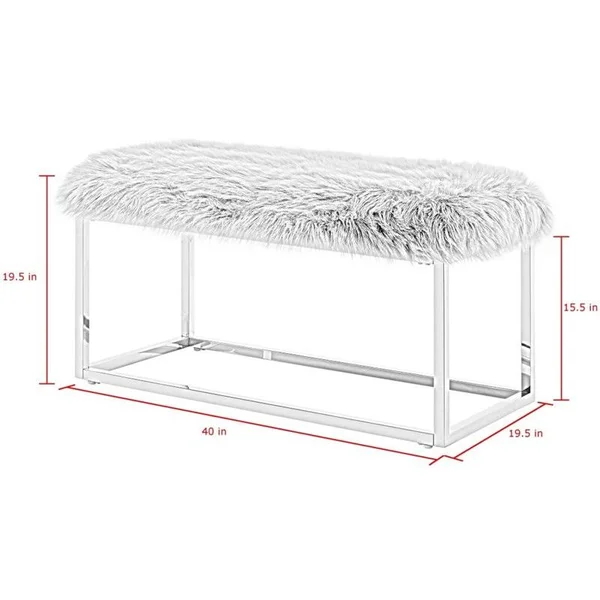 Posh Living Joseph White Faux Fur Bench - Chrome Frame - Ottoman