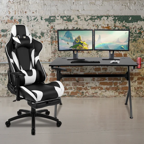 Flash Furniture Black Gaming Desk and Black Footrest Reclining Gaming Chair Set with Cup Holder - Headphone Hook & 2 Wire Man