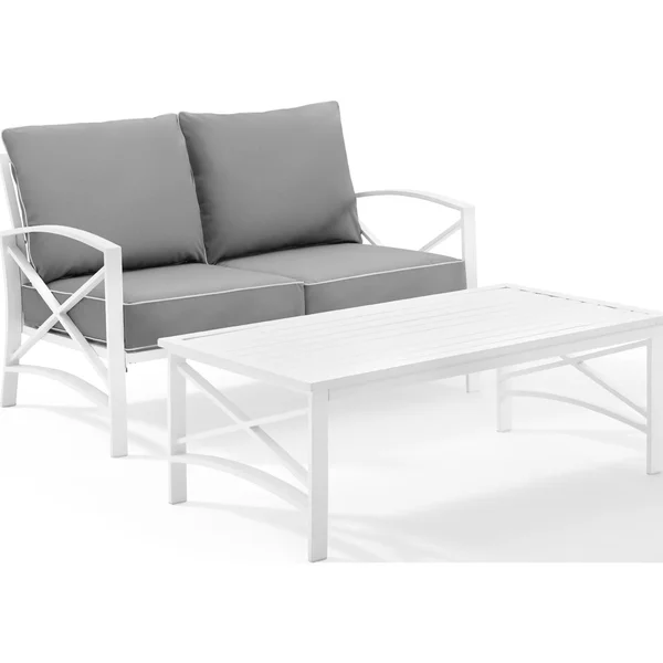Crosley Kaplan 2-Piece Outdoor Seating Set - White, Gray Cushions, Loveseat, Coffee Table