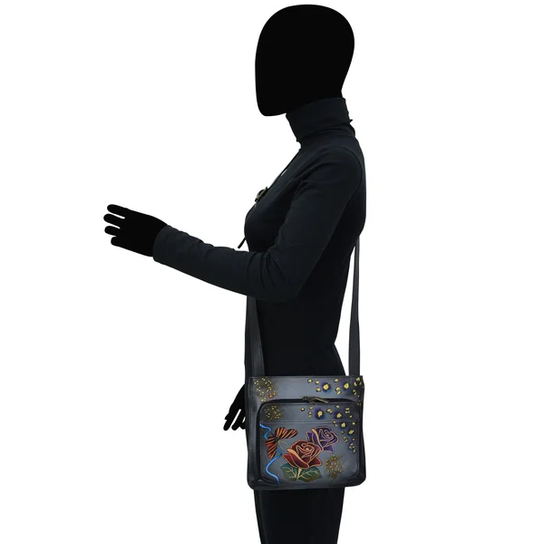Anna by Anuschka Women's Hand Painted Leather Slim Shoulder Organizer, Rose Safari Grey