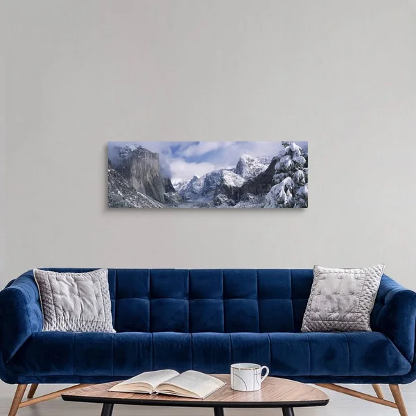 Mountains and Waterfall in Snow - Tunnel VIEW, El Capitan, Half Dome, Bridal Veil, Yosemite Nation..., Canvas Wall Art, 48x16