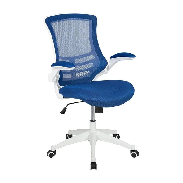 Offex Mid Back Mesh Swivel Ergonomic Task Office Chair with White Frame and Flip Up Arms - Blue