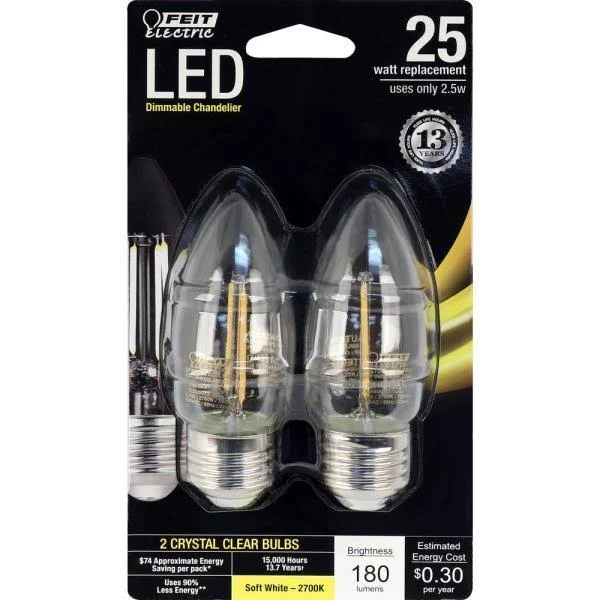 Feit Electric 25-Watt Equivalent (2700K) B10 Dimmable Filament LED Clear Glass Light Bulb, Soft White (12-Pack)