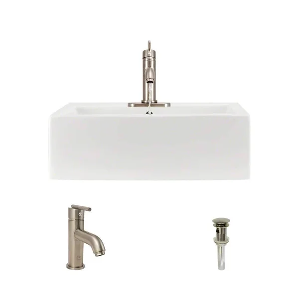 Rene R2-5018-B-R9-7009-BN Biscuit Porcelain Vessel Sink with Brushed Nickel Vessel Faucet and Vessel Pop-Up Drain - 21" x 16