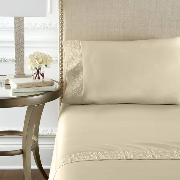 Aleah Ivory Ariane Sheet Set - 100% Giza Egyptian Cotton, Queen, Tan