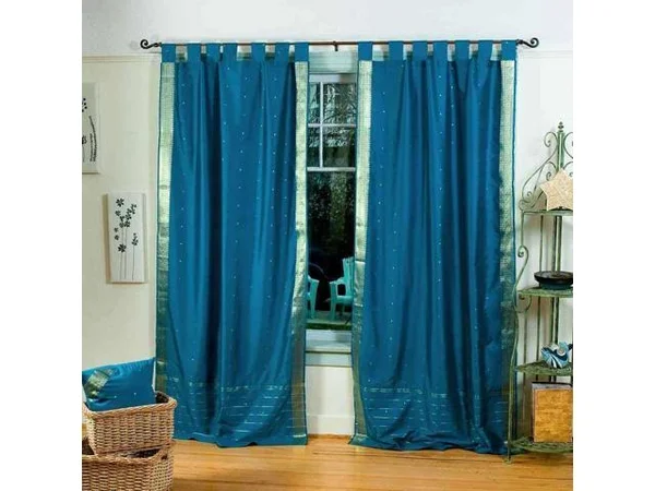 Turquoise Tab Top Sheer Sari Curtain - Drape, Panel - Pair