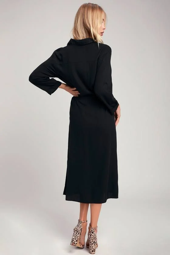 Lulus, Brewer Black Midi Shirt Dress, Size Small, 100% Rayon