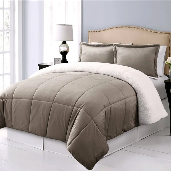 Blue Ridge Home Fashions Microplush Reversible to Micromink Down Alternative 3-Piece Comforter Set Khaki Queen, Brown