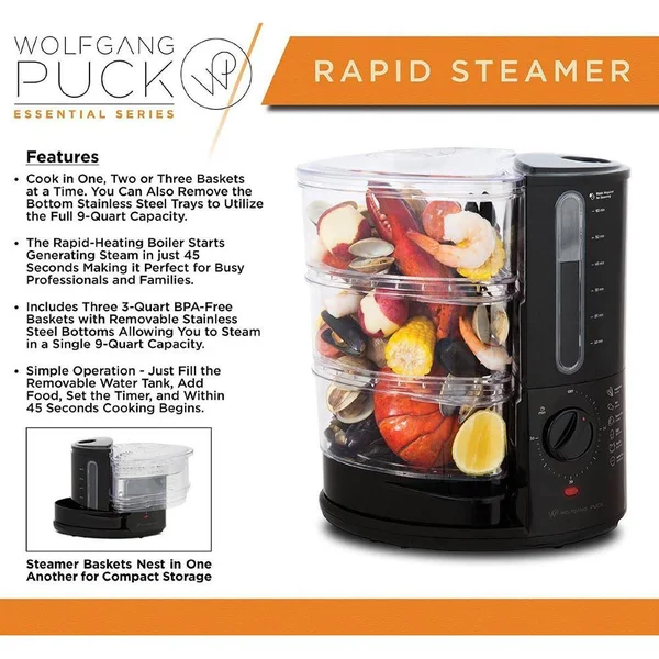 Wolfgang Puck 1400 Watt BPA-Free 3-Tier Rapid Food Steamer - Essential Series - 16.2 x 11 x 10.3"