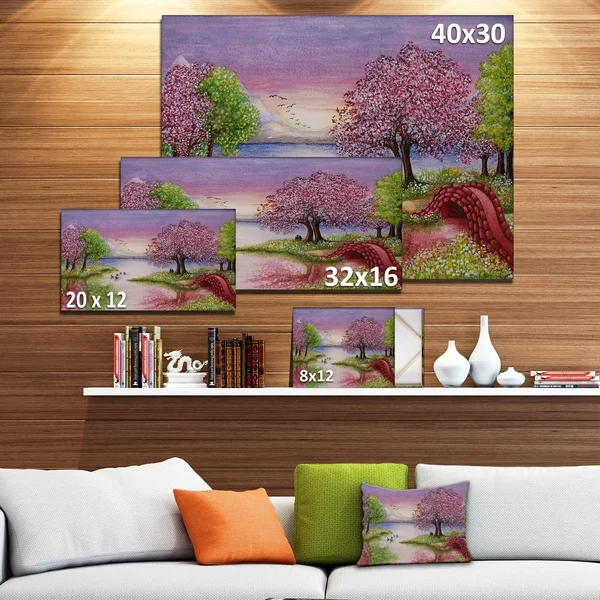 Design Art Romantic Lake in Pink and Green - Extra Large Wall Art Landscape - 32 in. Wide x 16 in. High