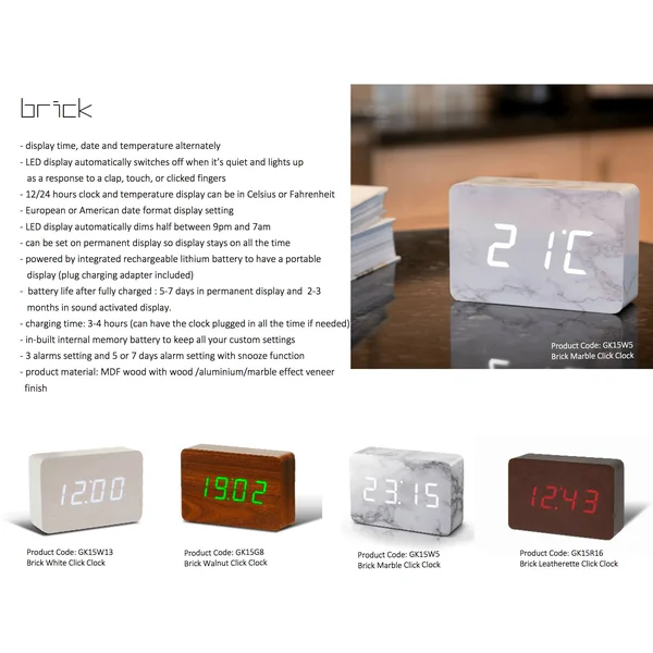 Gingko Brick Marble Click Clock - White LED