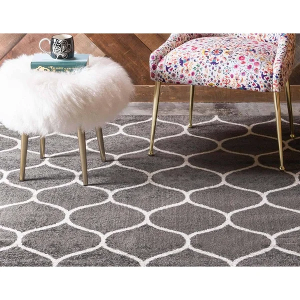 6&x9& Rounded Trellis Frieze Rug Dark Gray/Ivory - Unique Loom
