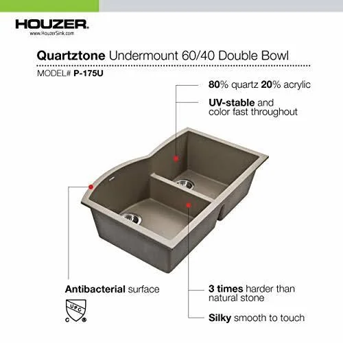 Houzer P-175U Quartztone Undermount Double Bowl Granite Kitchen Sink Taupe