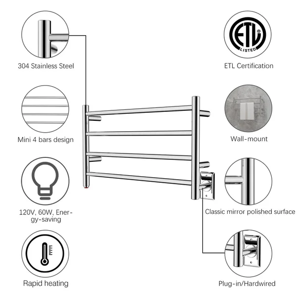 HEATGENE 4 Bar Wall-Mounted Plug-In, Hard-wiring Towel Warmer, Black