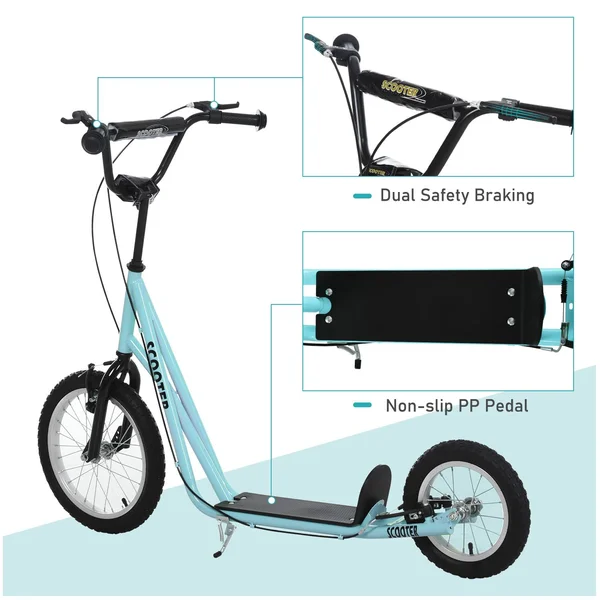 Aosom Teens Youth Scooter Ride on Toy with Adjustable Handlebar, Dual Brakes, and Inflatable Wheels for Kids 5+ - Blue