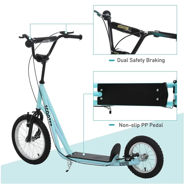 Aosom Teens Youth Scooter Ride on Toy with Adjustable Handlebar - Dual Brakes, and Inflatable Wheels for Kids 5+ (Blue)