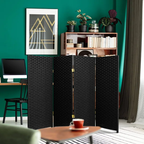 Oriental Furniture 4 ft. Tall Woven Fiber Room Divider - 4 Panel - Black