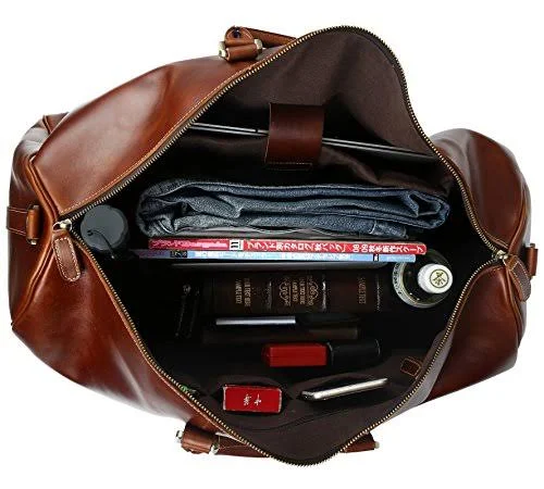 BAIGIO Men's Genuine Leather Weekend Overnight Travel Luggage Duffel Bag Boarding Bag (Brown)