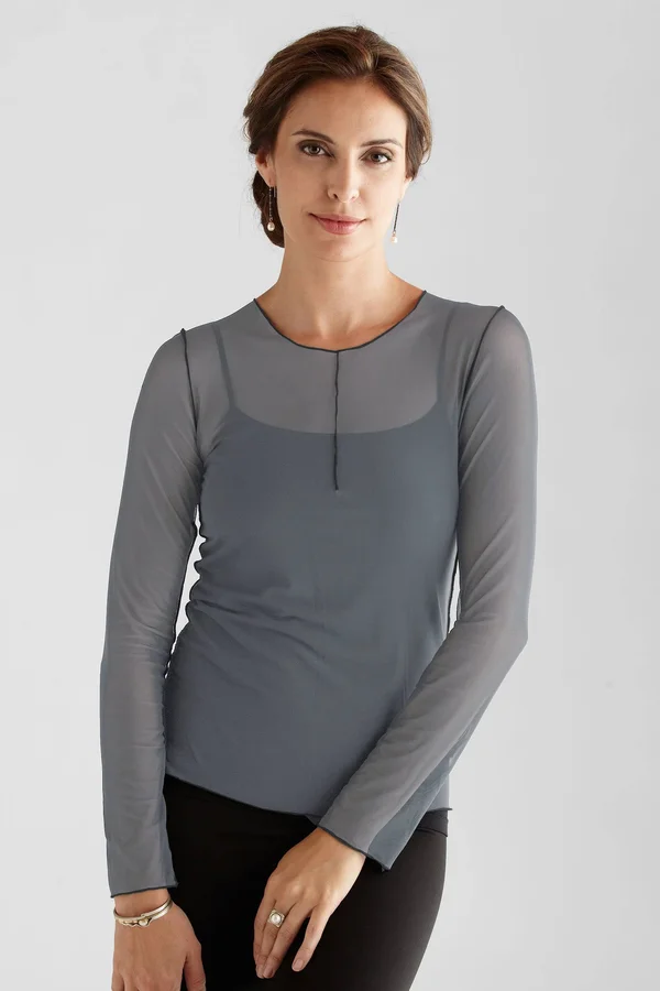 Long Sleeve Essential Mesh Layering Tee by Cynthia Ashby - Charcoal, M (12-14) (Mesh Top)