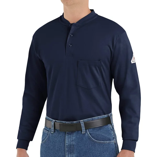 Bulwark - Long Sleeve Tagless Henley Shirt - Excel FR (Tall) L, Navy