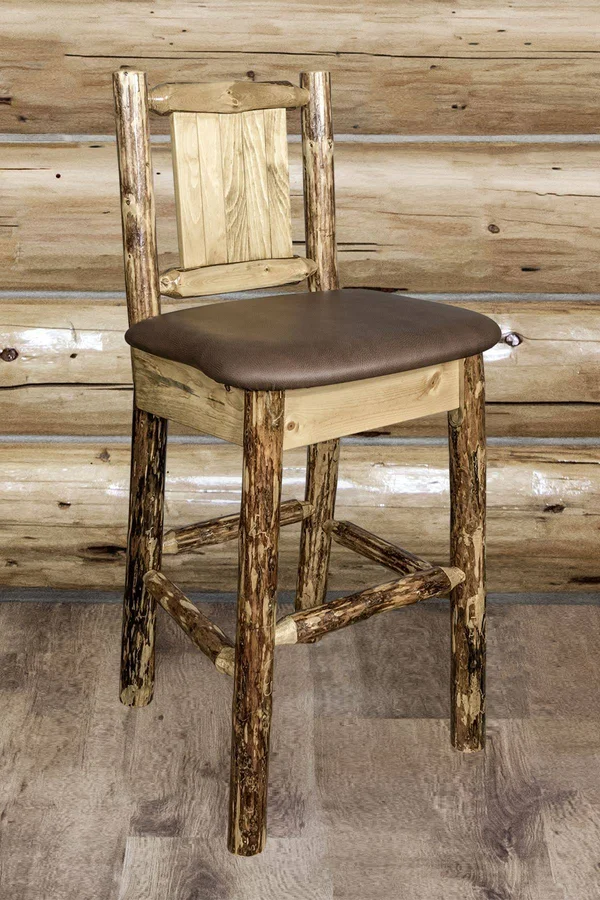 Montana Woodworks MWGCBSWNRSADDLZELK Glacier Country Barstool with Back - Saddle Upholstery with Laser Engraved Elk Design