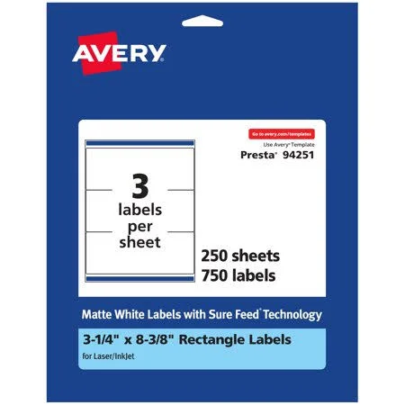 Avery Matte White Rectangle Labels - 3-1/4 inch x 8-3/8 inch, 750 Labels, Size: 3-1/4 x 8-3/8