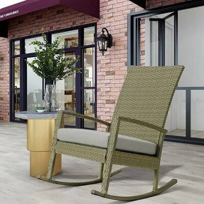 Outdoor Wicker Rocking Chair - All-Weather Wicker Seat Patio Rocking Chairs with Removable CUSHION, Smooth Gliding Rattan Rocker